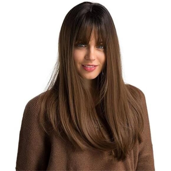 20" Long Synthetic Wigs With Dark Root Ombre Colour High Density Natural Brown